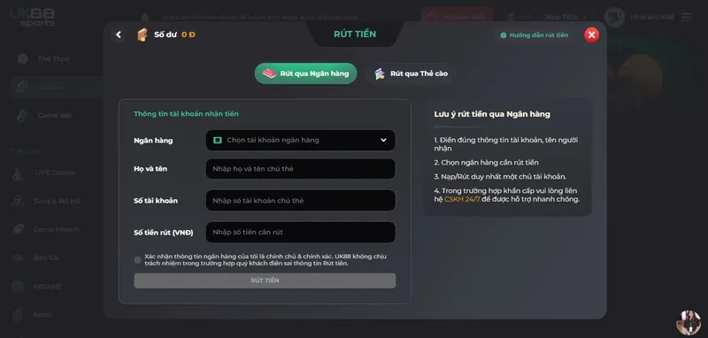 Những lưu ý quan trọng khi rút tiền từ Uk88