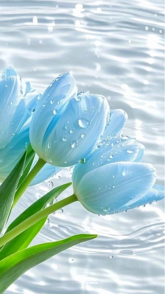 Cận cảnh hoa tulip xanh dưới làn nước trong