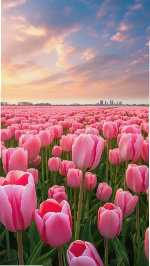 Cánh đồng hoa tulip hồng dưới bầu trời hoàng hôn