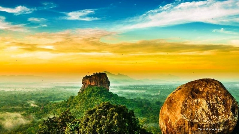 Cảnh quan thiên nhiên với hồ nước và cây cầu gỗ