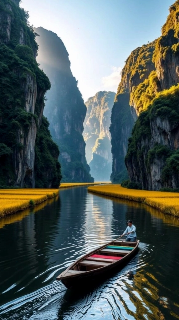 Chiếc thuyền nhỏ trôi giữa hẻm núi và dòng nước tĩnh lặng