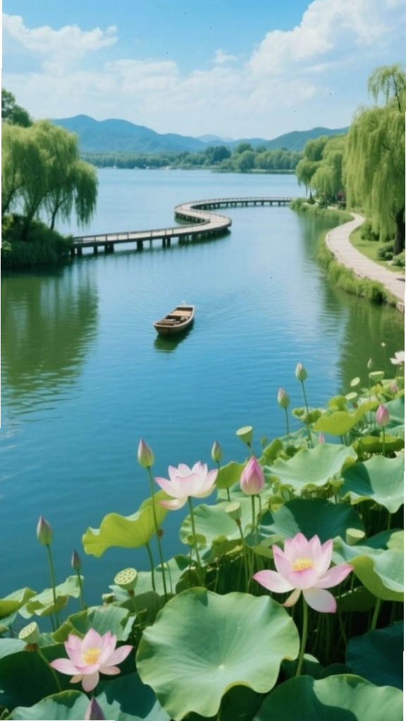 Con đường ven hồ yên bình giữa hàng cây xanh
