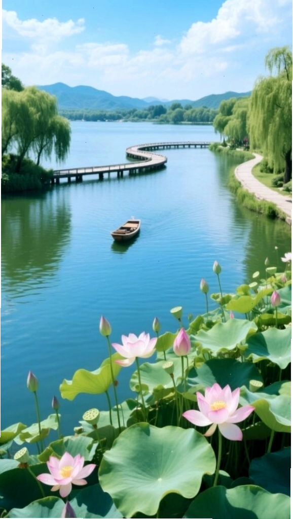 Con đường ven hồ yên bình giữa hàng cây xanh