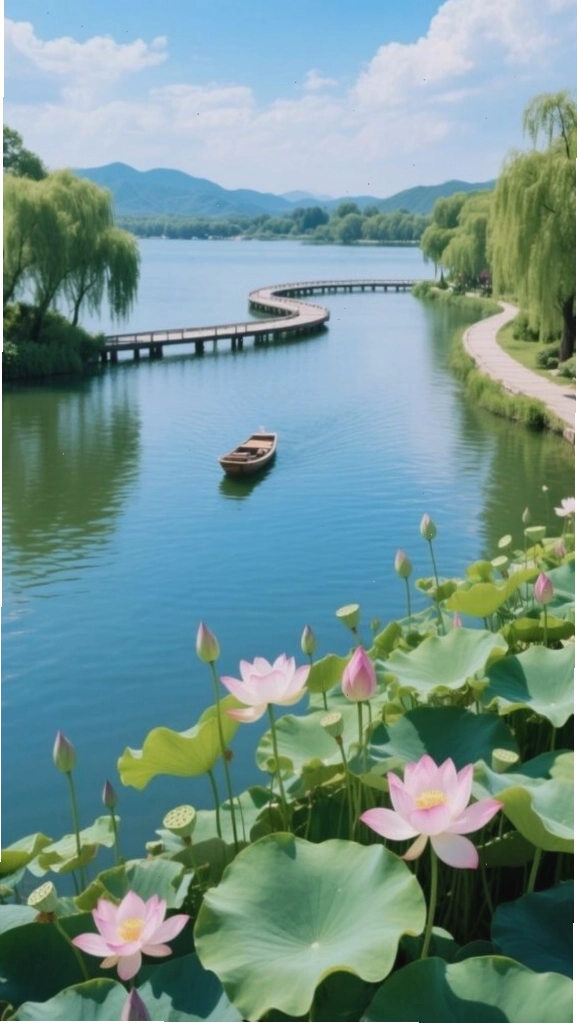 Con đường ven hồ yên bình giữa hàng cây xanh