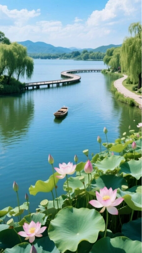 Con đường ven hồ yên bình giữa hàng cây xanh là một bức ảnh phong cảnh đẹp