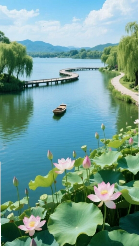 Con đường ven hồ yên bình giữa hàng cây xanh mướt
