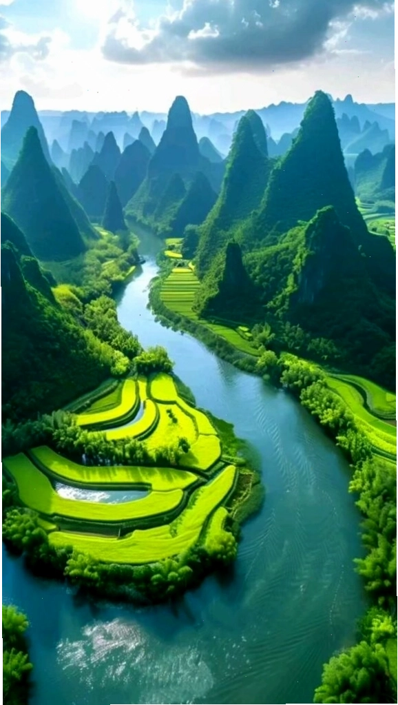 Con sông xanh ngọc quanh núi đá với cảnh quan thiên nhiên hùng vĩ