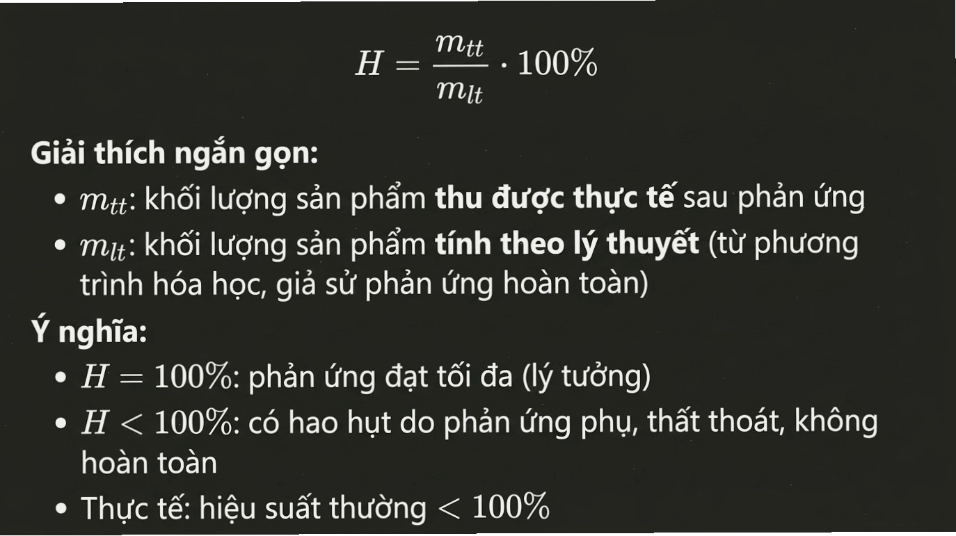 Công thức tính hiệu suất phản ứng theo khối lượng