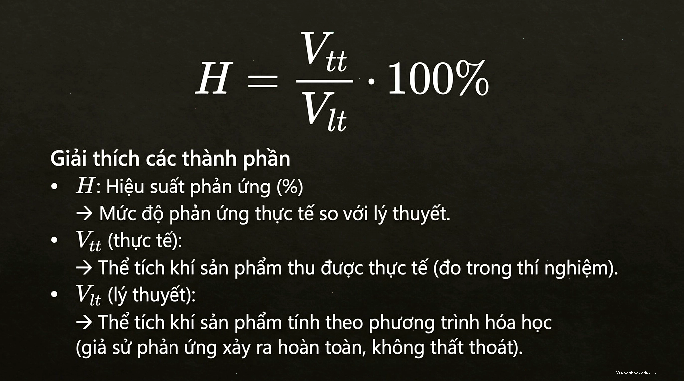 Công thức tính hiệu suất phản ứng theo thể tích khí