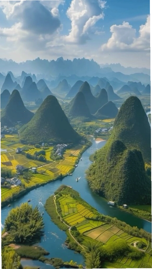 Dòng sông uốn lượn qua thung lũng núi đá xanh hùng vĩ