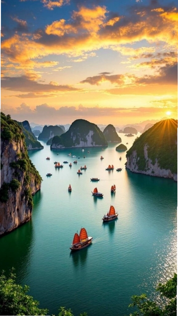 Hình nền hoàng hôn rực rỡ trên vịnh biển và núi đá