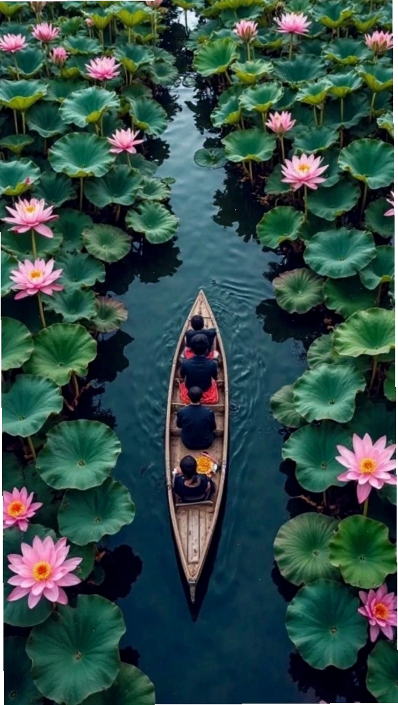 Hình nền thuyền giữa hồ sen nở rộ