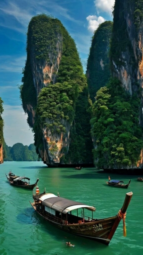 Hình nền thuyền gỗ bên núi đá vôi