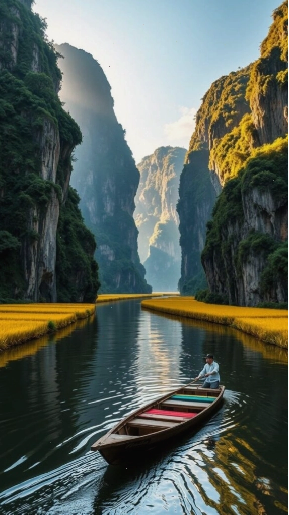 Hình nền thuyền nhỏ trên hẻm núi và dòng nước
