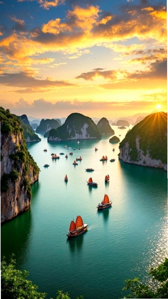 Hình nền Zalo hoàng hôn rực sáng trên vịnh biển và núi đá