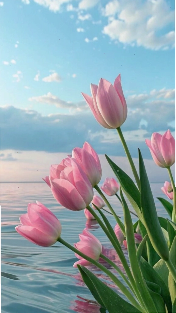 Hoa tulip dịu dàng bên khung cảnh nước