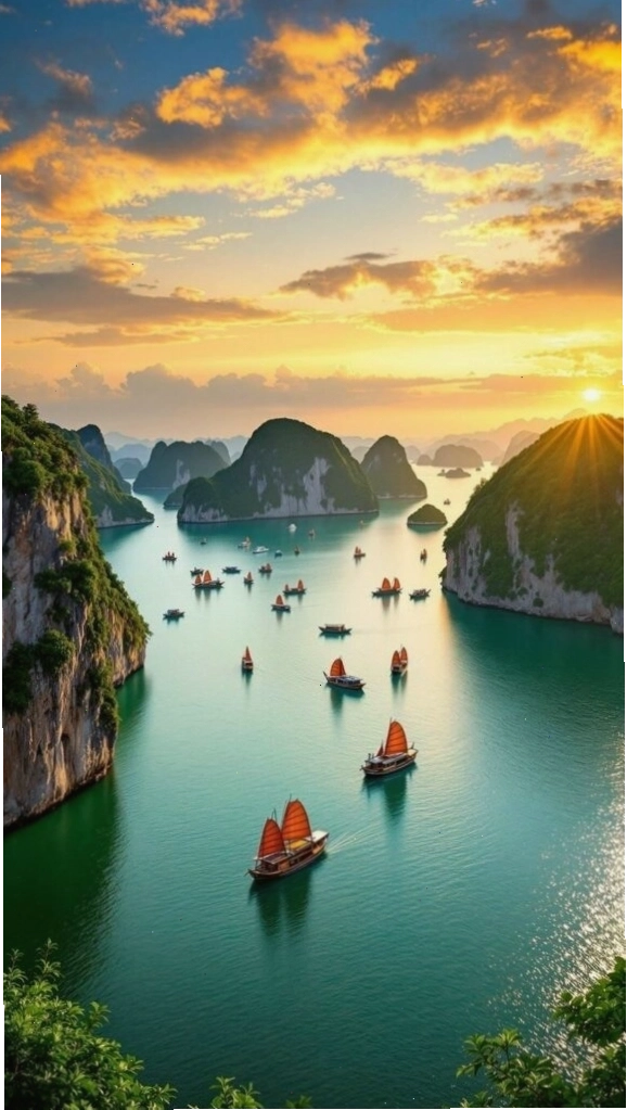 Hoàng hôn rực rỡ trên vịnh biển và núi đá