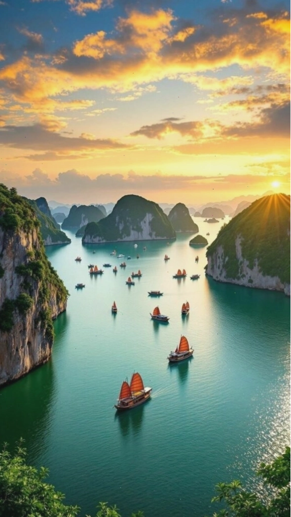 Hoàng hôn rực rỡ trên vịnh biển với những dãy núi đá kỳ vĩ