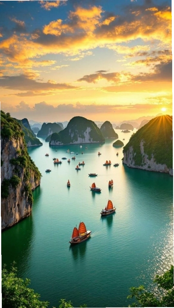 Hoàng hôn rực rỡ trên vịnh biển với những dãy núi đá vôi nhấp nhô