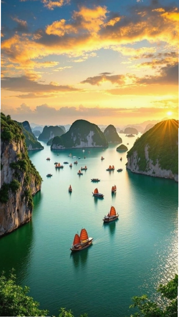 Hoàng hôn rực sáng trên vịnh biển và những dãy núi đá vôi