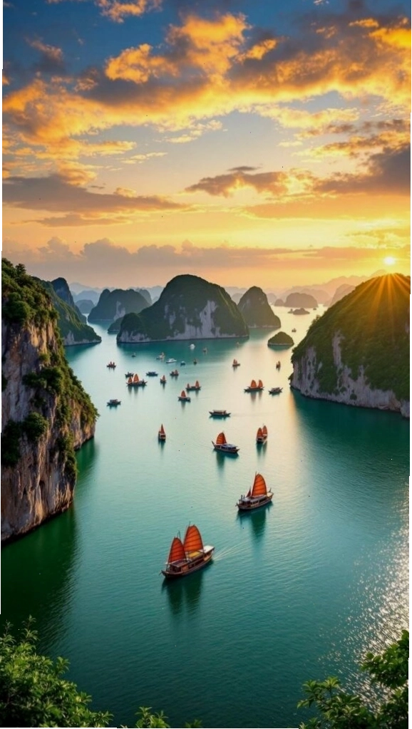 Hoàng hôn rực sáng trên vịnh biển và núi đá