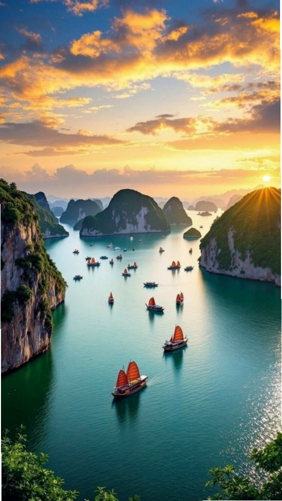 Hoàng hôn rực sáng trên vịnh biển và núi đá