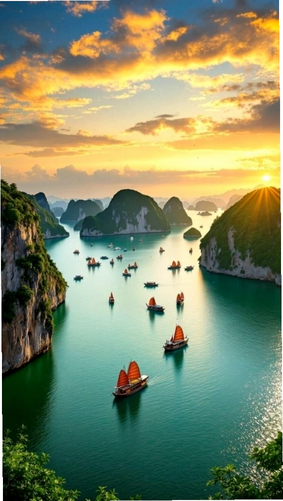 Hoàng hôn rực sáng trên vịnh biển và núi đá hùng vĩ