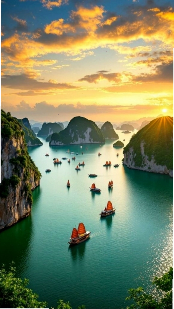 Hoàng hôn rực sáng trên vịnh biển và núi đá là một bức ảnh phong cảnh đẹp