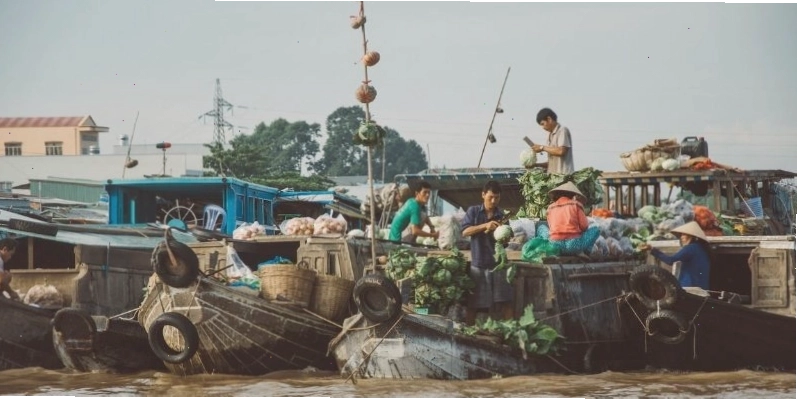 Hoạt động mua bán tấp nập trên sông tại chợ nổi Cái Răng