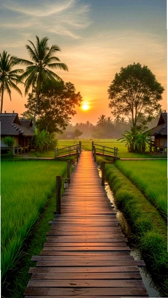 Lối đi bằng gỗ nhỏ dẫn vào cánh đồng xanh dưới ánh hoàng hôn