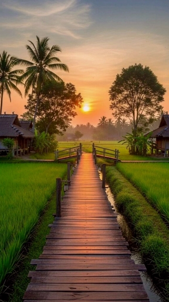 Lối gỗ nhỏ giữa cánh đồng xanh dưới ánh hoàng hôn