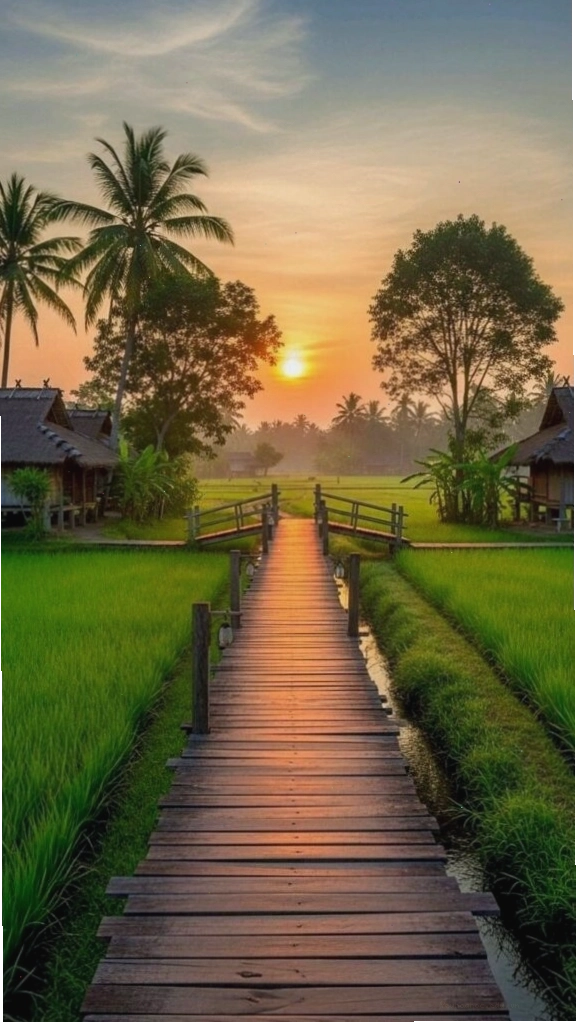 Lối gỗ nhỏ giữa cánh đồng xanh dưới ánh hoàng hôn