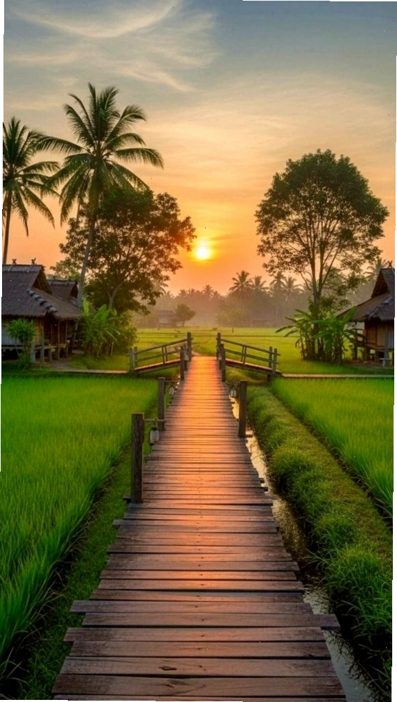 Lối gỗ nhỏ giữa cánh đồng xanh dưới ánh hoàng hôn
