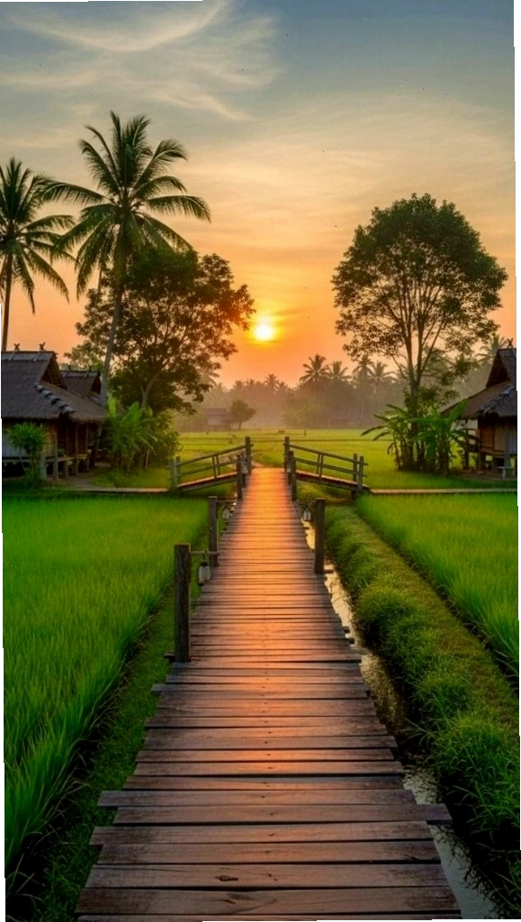 Lối gỗ nhỏ giữa cánh đồng xanh dưới ánh hoàng hôn