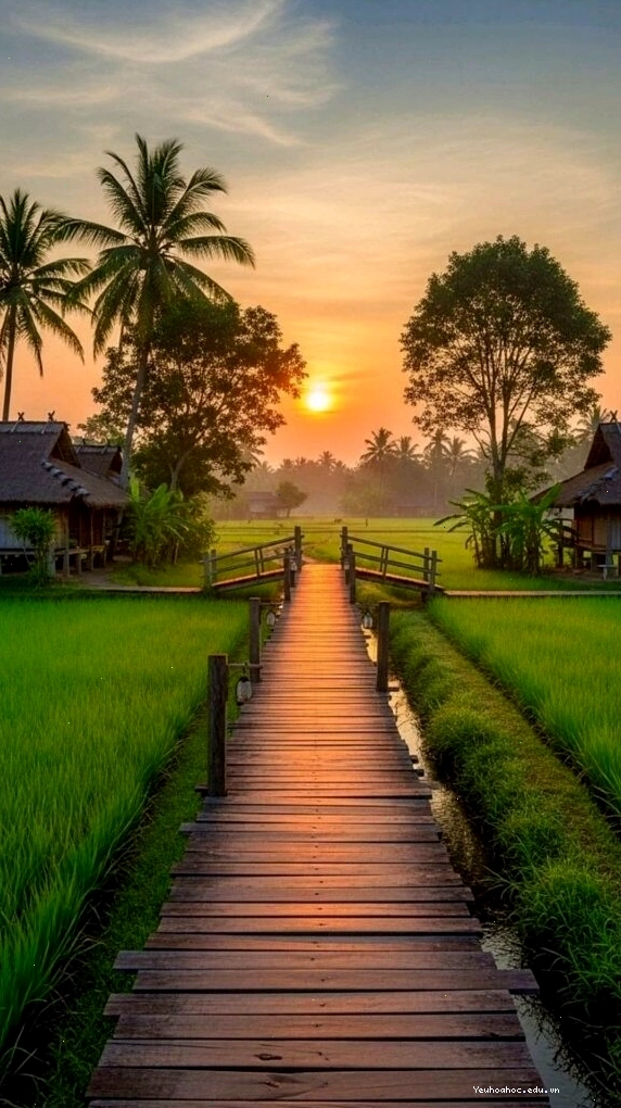 Lối gỗ nhỏ giữa cánh đồng xanh dưới ánh hoàng hôn dịu dàng