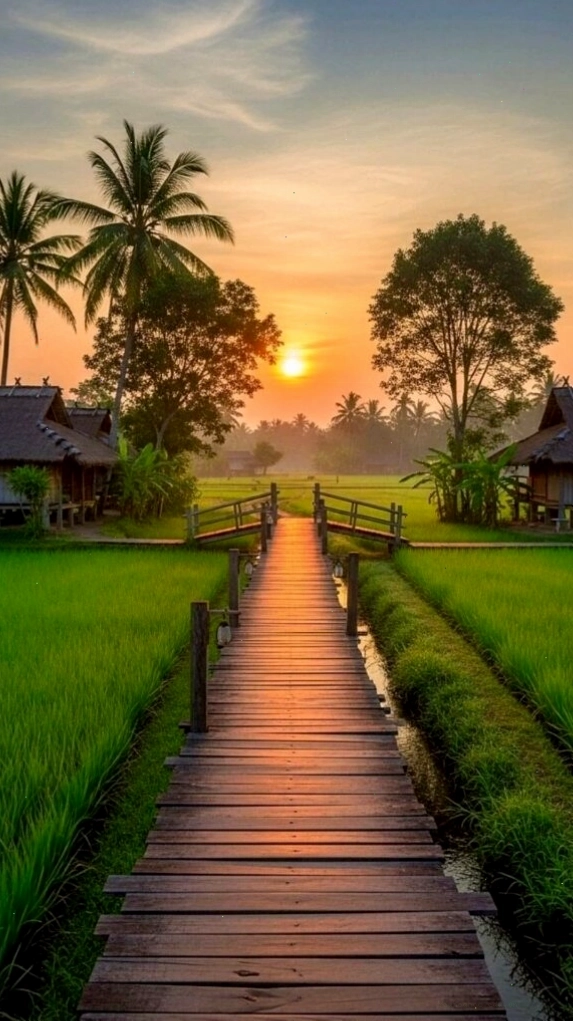 Lối gỗ nhỏ giữa cánh đồng xanh dưới ánh hoàng hôn lãng mạn