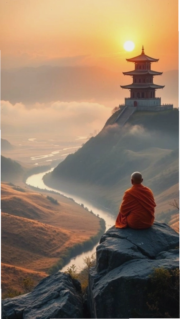Nhà sư ngồi thiền trước ngôi chùa trên núi cao