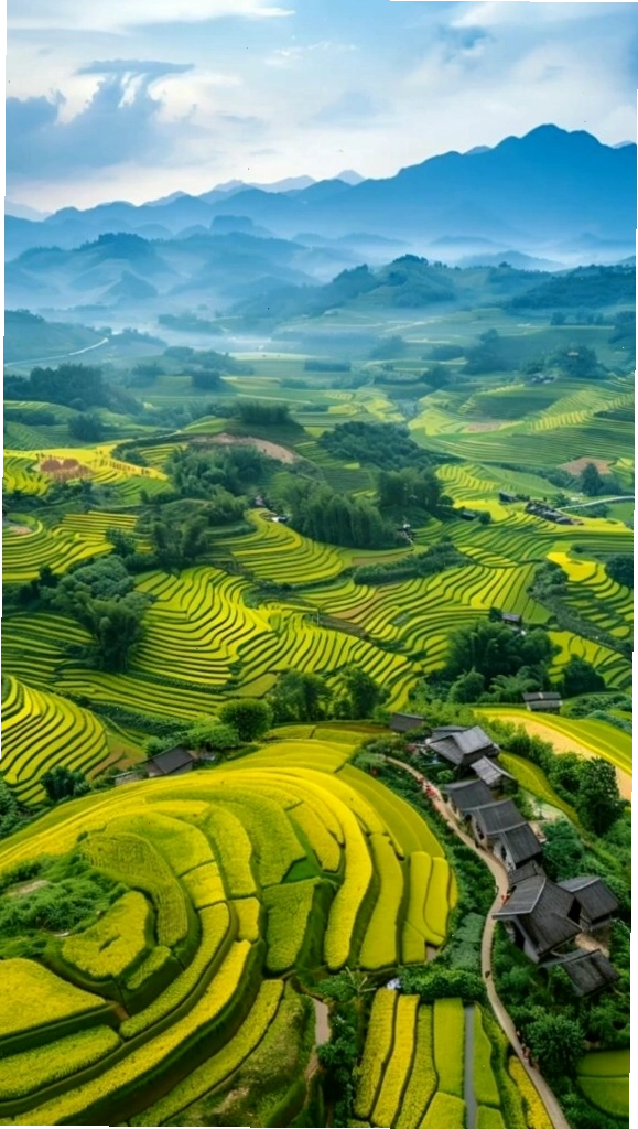 Ruộng bậc thang xanh mướt trải dài trên sườn núi