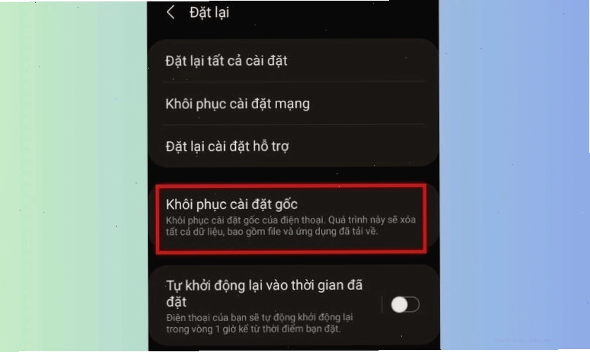 Sau đó chọn tiếp vào Khôi phục cài đặt gốc