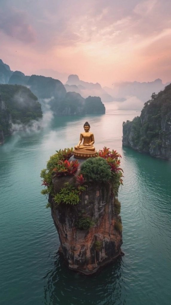 Tượng Phật trên đảo đá giữa sông núi mờ sương