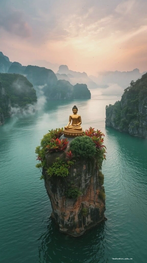 Tượng Phật trên đảo đá giữa sông núi mờ sương