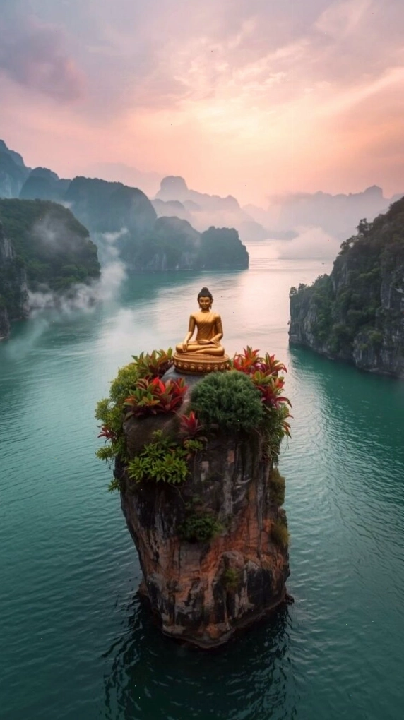 Tượng Phật trên đảo đá giữa sông núi mờ sương khói