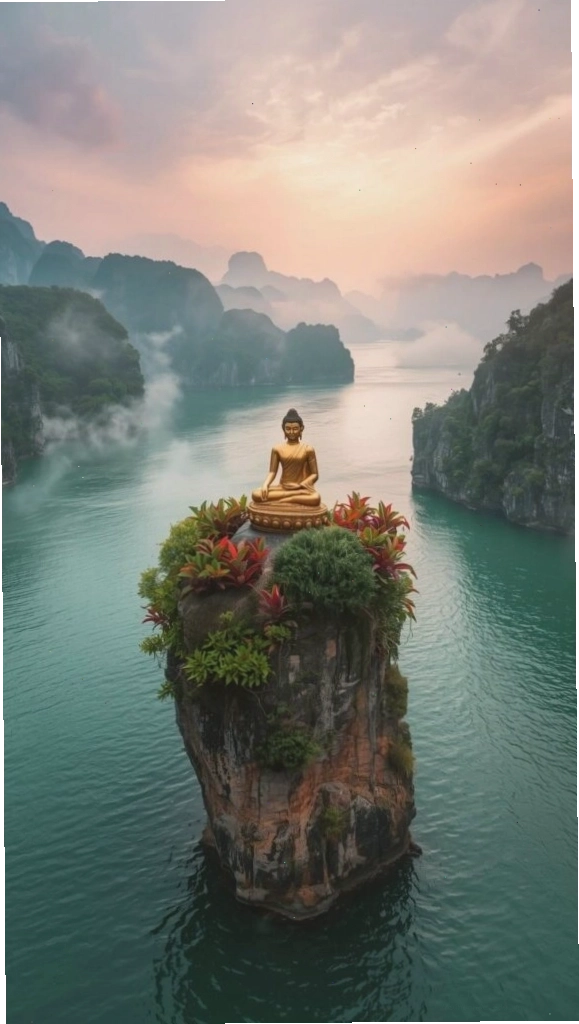 Tượng Phật uy nghiêm trên đảo đá giữa sông núi mờ sương