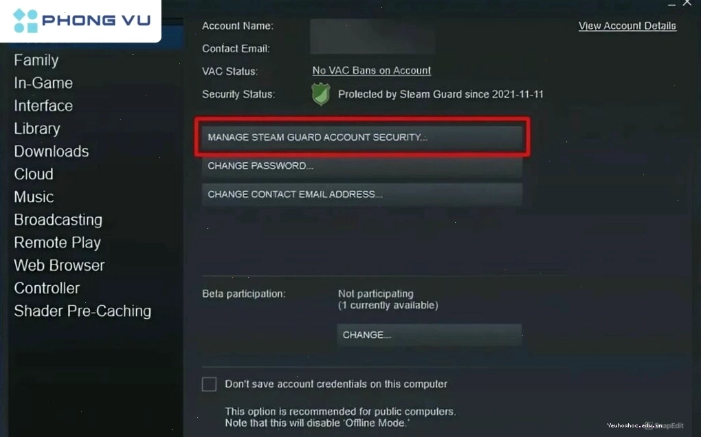 Kích hoạt tính năng Steam Guard để bảo vệ tài khoản gia đình