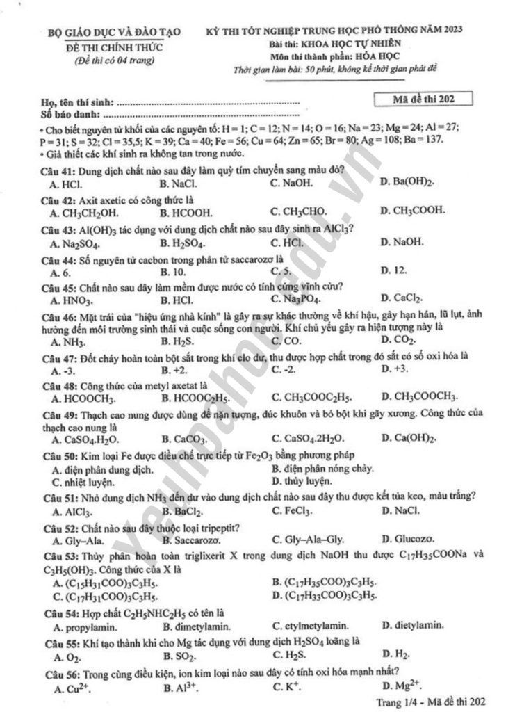 Giải chi tiết đề thi THPT Quốc gia môn Hóa năm 2023 - Mã đề 202