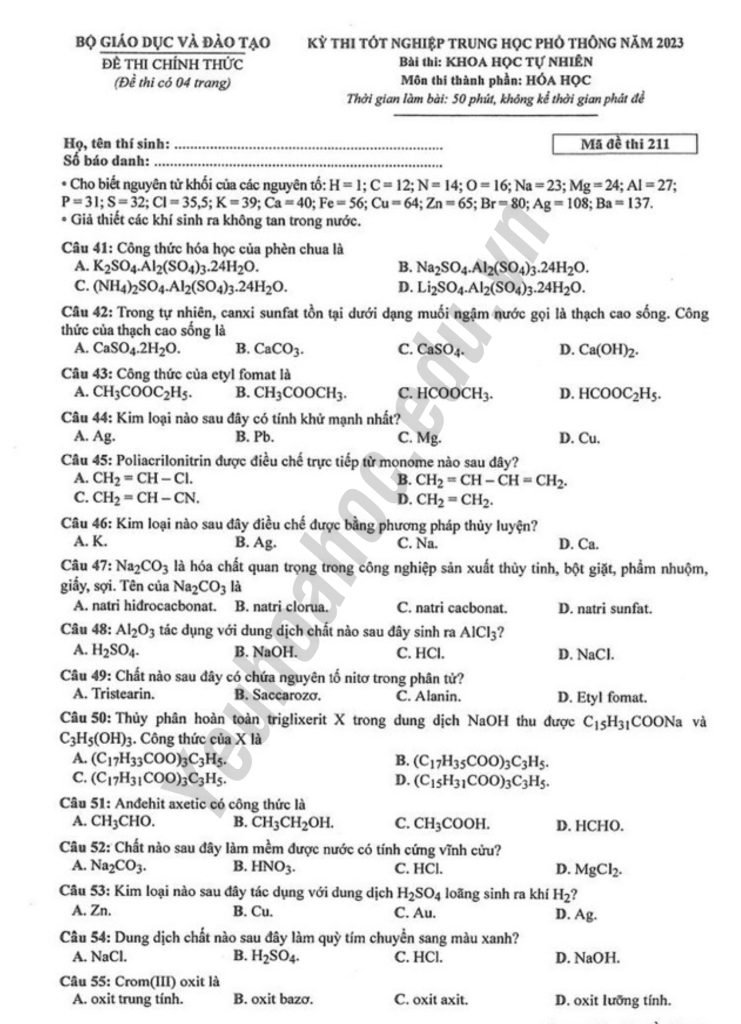 Giải chi tiết đề thi THPT Quốc gia 2023 - Mã đề 211