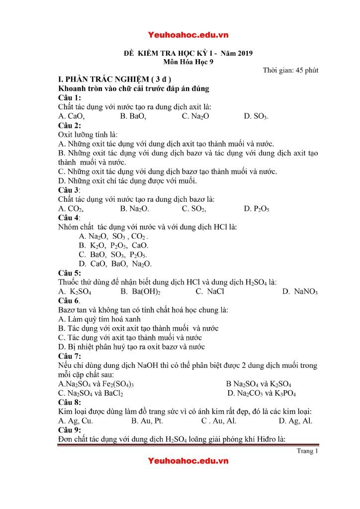 Giải chi tiết đề thi học kì 1 lớp 9 môn Hoá năm học 2019-2020