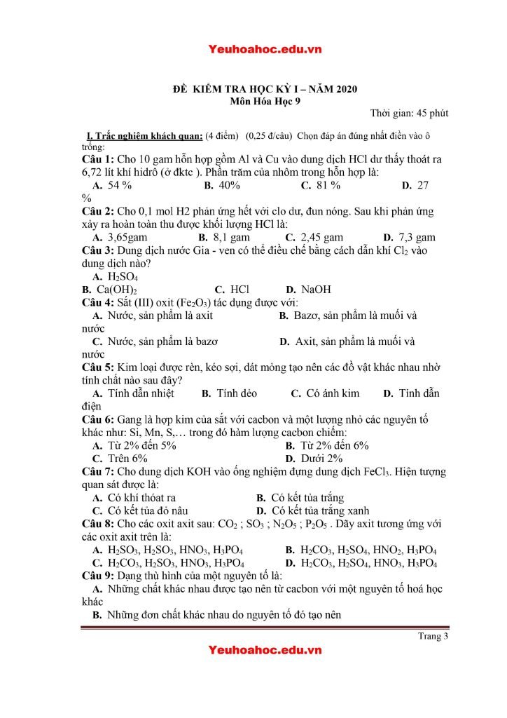 Đề thi học kì 1 lớp 9 môn Hóa năm học 2020-2021 - Có đáp án