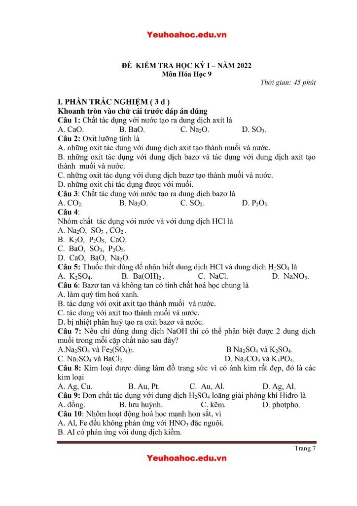 Giải đề thi học kì 1 lớp 9 môn hóa năm học 2022-2023