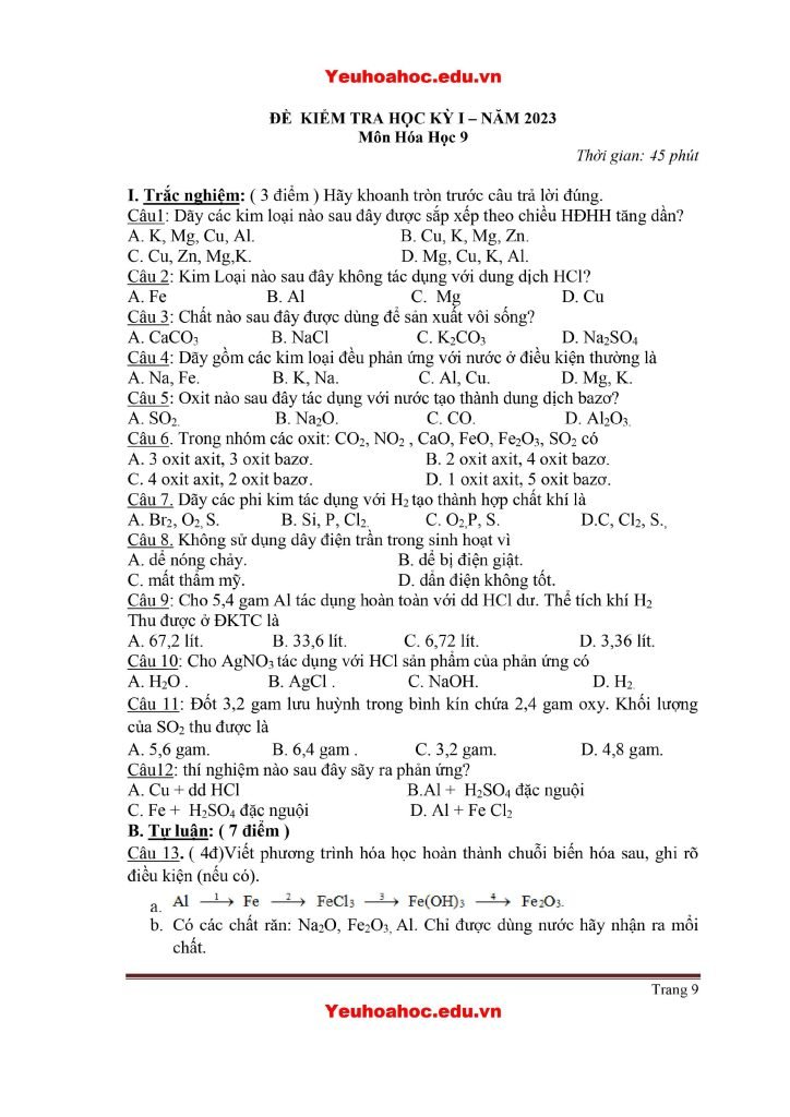 Đề thi học kì 1 lớp 9 môn Hóa năm học 2023-2024
